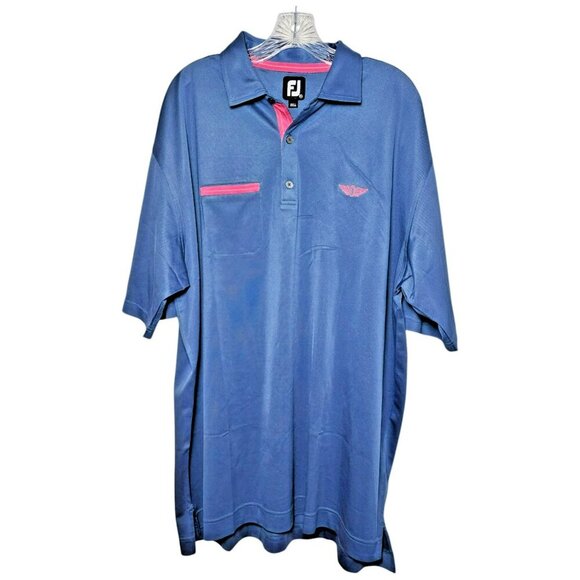 FootJoy Golf Polo Shirt Mens 2XL Blue Pink Trim FJ Logo Performance Stretch - Picture 2 of 8